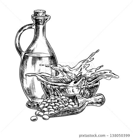 Soybean oil. A glass bottle, a handful of soybeans in a wooden scoop, and a splash of oil in a wooden bowl. Black and white vector graphics. For menus, recipes, and packaging, labels, and more. Soybean oil. A glass bottle, a handful of soybeans in a wooden scoop, and a splash of oil in a wooden bowl. Black and white vector graphics. For menus, recipes, and packaging, labels, and more. 138050399