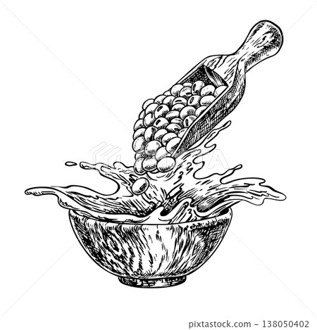 Soybean oil. Soybeans fall into a wooden bowl of oil. Black and white vector graphic illustration. Perfect for creating labels, advertisements, packaging, banners, posters, and more. 138050402