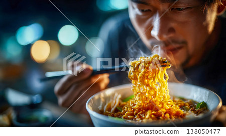Man enjoying steaming instant noodles with chopsticks in cozy evening restaurant setting 138050477