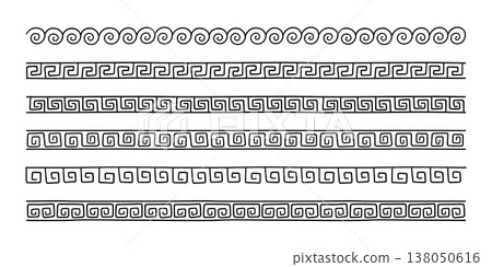 Greek doodle seamless border. Roman hand drawn ornament line. Doodle decoration ancient pattern. Handdrawn Greek ethnic repeat stripe. Vector illustration isolated on white background Greek doodle seamless border. Roman hand drawn ornament line. Doodle decoration ancient pattern. Handdrawn Greek ethnic repeat stripe. Vector illustration isolated on white background 138050616