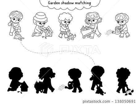 Garden black and white shadow matching activity with children gardeners. Spring line puzzle with kids, spade, watering can, rake. Find correct silhouette printable worksheet, game, coloring page Garden black and white shadow matching activity with children gardeners. Spring line puzzle with kids, spade, watering can, rake. Find correct silhouette printable worksheet, game, coloring page 138050691