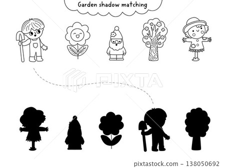 Garden black and white shadow matching activity with boy gardener, tree, flower, gnome, scarecrow. Spring line puzzle for kids. Find correct silhouette printable worksheet, game, coloring page Garden black and white shadow matching activity with boy gardener, tree, flower, gnome, scarecrow. Spring line puzzle for kids. Find correct silhouette printable worksheet, game, coloring page 138050692