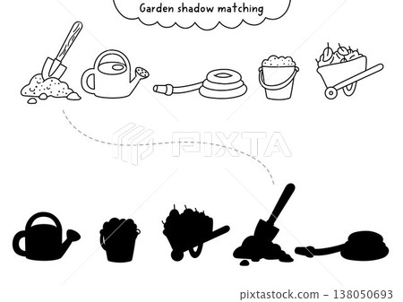 Garden black and white shadow matching activity with tools. Spring line puzzle with spade, watering can, wheelbarrow, hose. Find correct silhouette printable worksheet, game, coloring page Garden black and white shadow matching activity with tools. Spring line puzzle with spade, watering can, wheelbarrow, hose. Find correct silhouette printable worksheet, game, coloring page 138050693