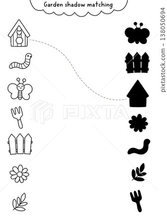 Garden black and white shadow matching activity with birdhouse, worm, butterfly, fork, fence, flower. Spring line puzzle for kids. Find correct silhouette printable worksheet, game, coloring page Garden black and white shadow matching activity with birdhouse, worm, butterfly, fork, fence, flower. Spring line puzzle for kids. Find correct silhouette printable worksheet, game, coloring page 138050694