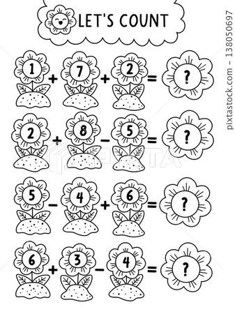 Black and white garden math game with numbers in flowers. Spring line country house math activity for preschool kids. Educational counting worksheet, coloring page with plants on flower beds Black and white garden math game with numbers in flowers. Spring line country house math activity for preschool kids. Educational counting worksheet, coloring page with plants on flower beds 138050697