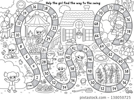 Garden black and white board game for children with line nature scene, girl looking way to swing on tree. Spring line printable activity, boardgame, coloring page worksheet with greenhouse, plants Garden black and white board game for children with line nature scene, girl looking way to swing on tree. Spring line printable activity, boardgame, coloring page worksheet with greenhouse, plants 138050725