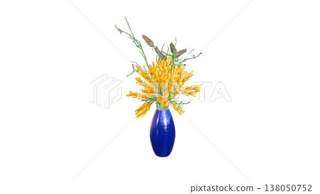 一幅3D插圖，描繪了藍色花瓶中的黃色花朵。 138050752