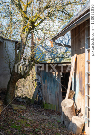 Old wooden shed with stacked firewood and tree in rural garden, rustic outdoor scene, concept of simple living, manual work and traditional countryside lifestyle Old wooden shed with stacked firewood and tree in rural garden, rustic outdoor scene, concept of simple living, manual work and traditional countryside lifestyle 138051056