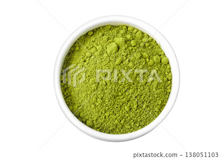 Green matcha powder in ceramic bowl isolated on white background. Top view Green matcha powder in ceramic bowl isolated on white background. Top view 138051103