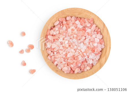Pink Himalayan salt in wooden bowl isolated on white background. Top view. Pink Himalayan salt in wooden bowl isolated on white background. Top view. 138051106