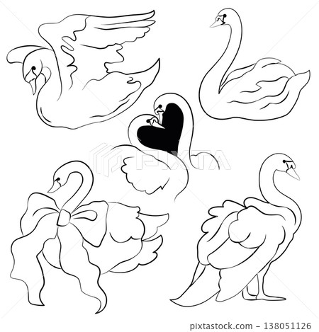 Hand-drawn romantic swans illustrations with heart and a bow for wedding decor or invitations in modern line art style Hand-drawn romantic swans illustrations with heart and a bow for wedding decor or invitations in modern line art style 138051126