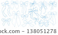 Elegant Hand Drawn Ribbon Bow Set in Vintage Engraving Style, Decorative Line Art Collection of Isolated Blue Outline Bows for Design, Packaging, Wedding and Holiday Use 138051278