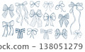 Elegant Hand Drawn Ribbon Bow Set in Vintage Engraving Style, Decorative Line Art Collection of Isolated Blue Outline Bows for Design, Packaging, Wedding and Holiday Use 138051279