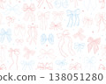 Seamless Pattern with Hand Drawn Ribbon Bows in Pink and Blue Pastel Outline Style for Feminine Design, Wrapping Paper, Textile, Wedding and Baby Shower Background 138051280