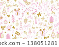 Seamless Christmas Pattern with Cute Hand Drawn Doodles in Pink and Gold Pastel Colors for Wrapping Paper, Greeting Cards, Textile and Holiday Design 138051281
