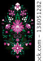 Symmetrical Folk Floral Ornament Vector Illustration with Pink Flowers and Green Leaves on Black Background for Textile, Wallpaper, Packaging and Decorative Design 138051282