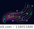 Neon musical note wave vector clipart on dark background. Musical notes, treble clef and hearts. Love to music, luminescent isolated illustration 138051886