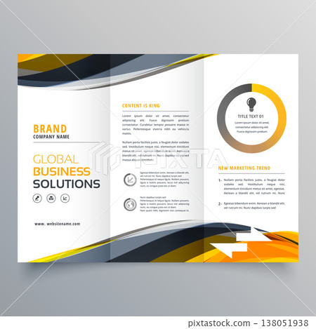 tri fold business brochure design template with wavy yellow black shapes tri fold business brochure design template with wavy yellow black shapes 138051938
