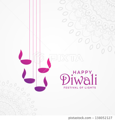 beautiful happy diwali card design with hanging diya lamps and mandala decoration 138052127