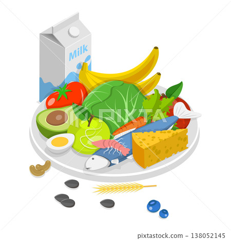 3D Isometric Flat Vector Set of Vegetarian Food Plates, Organic Grocery Products. Item 3 3D Isometric Flat Vector Set of Vegetarian Food Plates, Organic Grocery Products. Item 3 138052145