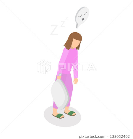 3D Isometric Flat Vector Illustration of Relaxation and Daydreaming, Woman In Pajamas Holds Fluffy Pillow, Feeling Happy And Relaxed. Item 2 3D Isometric Flat Vector Illustration of Relaxation and Daydreaming, Woman In Pajamas Holds Fluffy Pillow, Feeling Happy And Relaxed. Item 2 138052402
