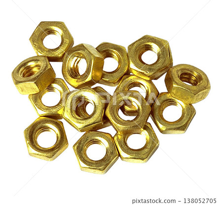Collection of Brass Hexagonal Nuts Hardware isolated on a white background 138052705