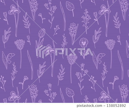 Seamless monochrome pattern with hand drawn spring flowers on purple background. Line art botanical elements: tulip, iris, hyacinth, peony, lily of the valley, lavender, leaves. 138052892