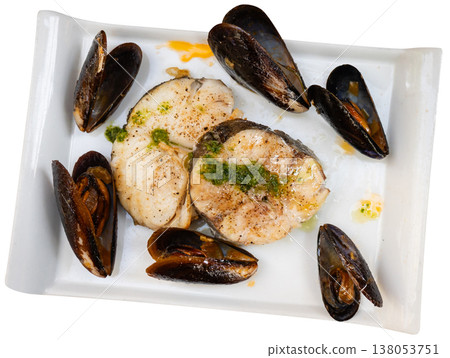 Hake medallions with mussels seafood platter Hake medallions with mussels seafood platter 138053751