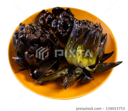 Fried or baked artichokes are dietary dish of Mediterranean cuisine Fried or baked artichokes are dietary dish of Mediterranean cuisine 138053753