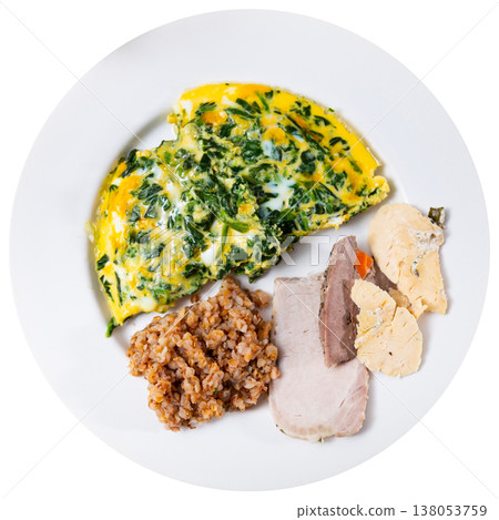 Pork with buckwheat and omelette for breakfast Pork with buckwheat and omelette for breakfast 138053759