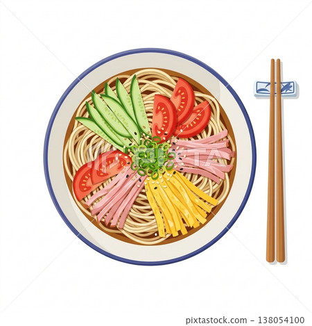 A flat design illustration of chilled ramen noodles: cucumber, tomato, egg, ham, a classic summer dish. 138054100