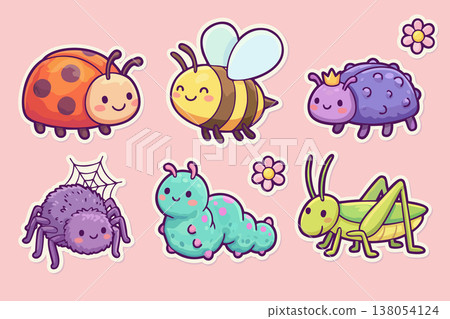 Vector set of cute kawaii insects on light pink background 138054124