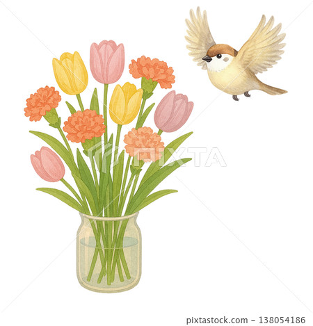 設計簡潔，以鬱金香和鳥兒為主題；白色背景上展現了自然的春日花卉圖案。 138054186