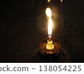The flame of an oil lantern illuminates the campsite at night. 138054225