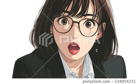 A set of facial expressions of a young businesswoman wearing glasses, expressing shock, discovery, and inspiration. White background with copy space. 138054231