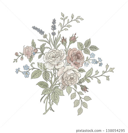 Soft floral bouquet in Toile De Jouy style. Vector isolated illustration Soft floral bouquet in Toile De Jouy style. Vector isolated illustration 138054295