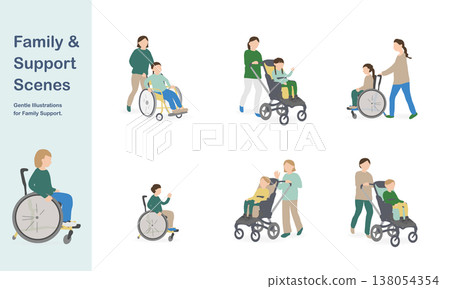 父母和孩子使用輪椅或嬰兒車的插圖。 父母和孩子使用輪椅或嬰兒車的插圖。 138054354