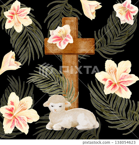 Seamless pattern with cross, lamb, palm leaves, lilies, hand-painted watercolor on black, Christian composition for Easter design, faith branding, textiles, packaging, stationery, seasonal background Seamless pattern with cross, lamb, palm leaves, lilies, hand-painted watercolor on black, Christian composition for Easter design, faith branding, textiles, packaging, stationery, seasonal background 138054623