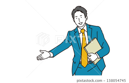 Illustration of a male businessman giving directions 138054745