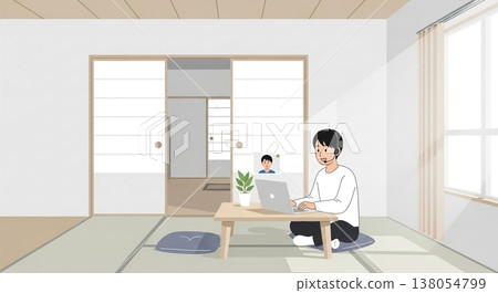 Illustration of a woman working on a PC in a Japanese-style room. 138054799