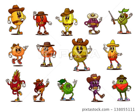 Cartoon groovy fruit food cowboy, sheriff and bandit characters. Vector retro groovy berries of funny papaya, peach, carambola and jackfruit, y2k cute lychee and feijoa characters with Wild West hats 138055111