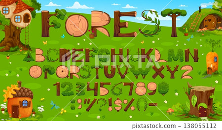 Wooden log font, cartoon wood stump and bush typeface. Vector alphabet with forest themed letters, punctuation symbols and numbers. Funny typeset characters made of tree trunks, stumps and leaves Wooden log font, cartoon wood stump and bush typeface. Vector alphabet with forest themed letters, punctuation symbols and numbers. Funny typeset characters made of tree trunks, stumps and leaves 138055112