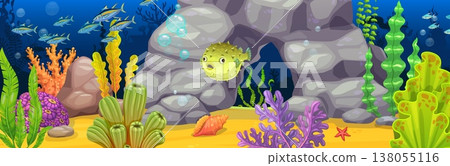 Underwater landscape game background with fugu fish. Cartoon vector game level scene with aquatic habitat and ocean ecosystem, sea coral reef, pufferfish, fish school, rock cave and tropical seaweeds 138055116