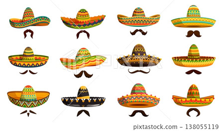 Cartoon Mexican mariachi sombrero hats with moustaches. Cinco de mayo holiday accessories. Isolated vector set of festive caps adorned with vibrant colors and patterns, symbolize Latin America culture Cartoon Mexican mariachi sombrero hats with moustaches. Cinco de mayo holiday accessories. Isolated vector set of festive caps adorned with vibrant colors and patterns, symbolize Latin America culture 138055119