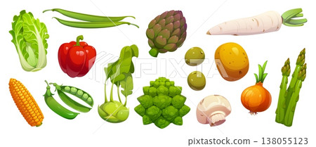 Cartoon raw ripe isolated vegetables, vector farm food, garden veggies set. Red bell pepper, onion, radish and olive, green beans, pea, mushroom and corn, cabbage and asparagus cartoon vegetables Cartoon raw ripe isolated vegetables, vector farm food, garden veggies set. Red bell pepper, onion, radish and olive, green beans, pea, mushroom and corn, cabbage and asparagus cartoon vegetables 138055123