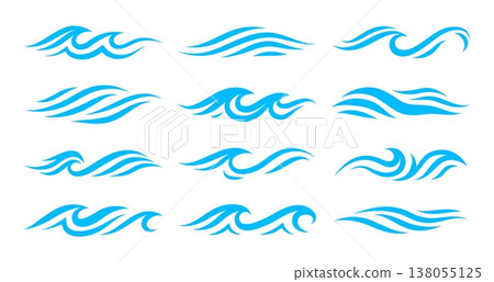 Sea and ocean blue vector water wave icons with smooth curves and flowing lines. Tsunami and surf, motion and foamy wave shapes of marine wavy curls with ocean water ripple splashes and flows Sea and ocean blue vector water wave icons with smooth curves and flowing lines. Tsunami and surf, motion and foamy wave shapes of marine wavy curls with ocean water ripple splashes and flows 138055125