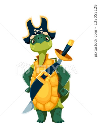 Cartoon sea turtle animal pirate vector character. Corsair personage wears tricorn hat, sash across the chest and carries sword by the side. Swashbuckling tortoise sailor personage ready for adventure Cartoon sea turtle animal pirate vector character. Corsair personage wears tricorn hat, sash across the chest and carries sword by the side. Swashbuckling tortoise sailor personage ready for adventure 138055129
