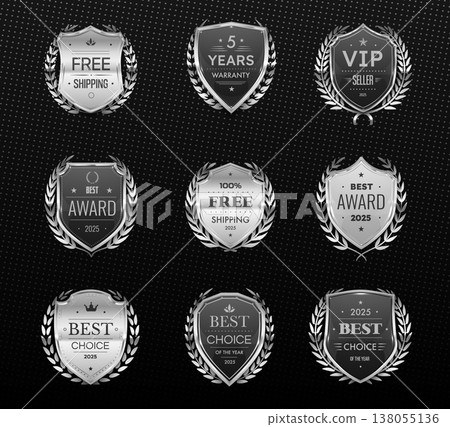 Silver heraldic shield badges and award labels in laurel wreath vector frames. Warranty and premium quality certificate seals, VIP seller award or trophy, best choice and free shipping shield badges Silver heraldic shield badges and award labels in laurel wreath vector frames. Warranty and premium quality certificate seals, VIP seller award or trophy, best choice and free shipping shield badges 138055136