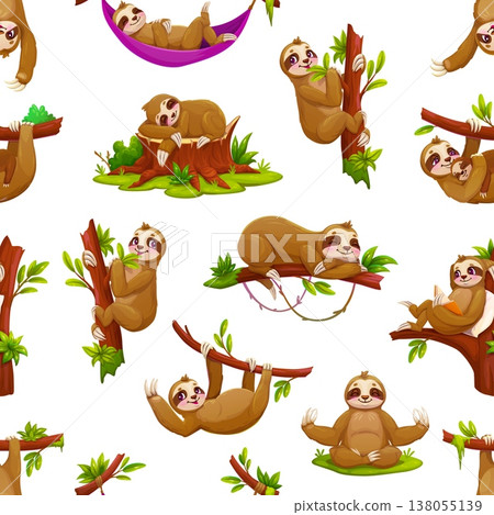 Lazy sloth animal characters seamless pattern of cartoon cute bears on jungle tree branches. Funny rainforest animals vector background of sloths sleeping, hugging baby, reading book and doing yoga Lazy sloth animal characters seamless pattern of cartoon cute bears on jungle tree branches. Funny rainforest animals vector background of sloths sleeping, hugging baby, reading book and doing yoga 138055139