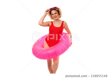 Girl enjoys summer at the beach with a float, PNG 138055148